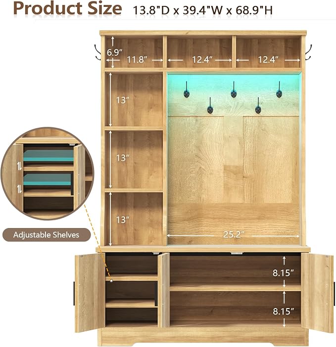 CSZZD Hall Tree with Bench and Shoe Storage, Fluted Entryway Bench with Coat Racks and Led Lights, 69" Tall Wood Hall Tree with 7 Coat Hooks, 6 Storage Cubbies, Adjustable Shelf