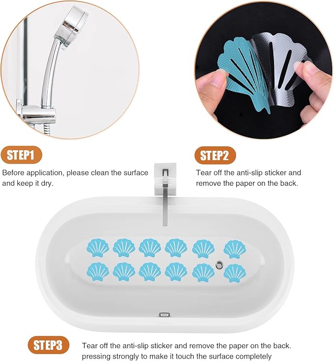 Secopad Non-Slip Bathtub Stickers, 24 PCS Shell Safety Bathroom Tubs Showers Treads Adhesive Decals Scraper (Blue)