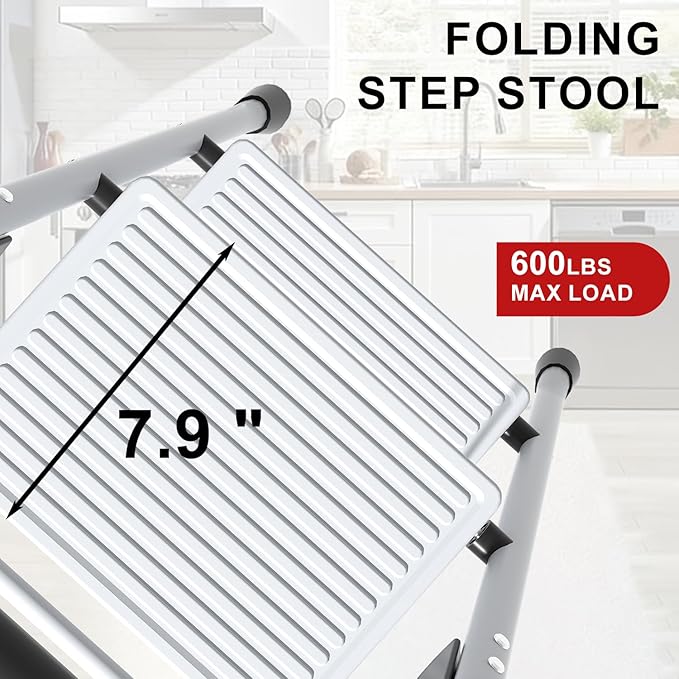 2 Step Ladder for Kitchen Step Stool, Lightweight Folding Step Stool with Curved Safety Handrail, Auto-Lock Mechanism & Non-Slip Wide Pedals, Slim 2 Step Ladder Foldable for Home Indoor（White）