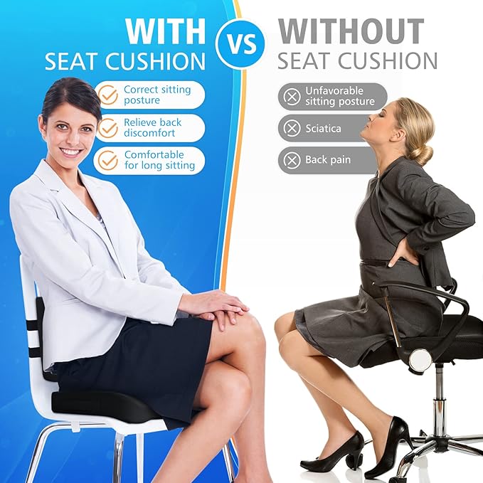 CushZone Ergonomic Seat Cushion & Lumbar Support Pillow - Memory Foam for Sciatica Pain Relief & Posture Correction, Non-Slip Chair Cushions for Office Chair/Car/Wheelchair/Travel (Black)