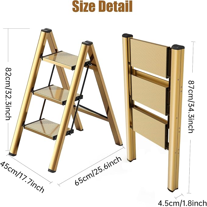hismocal Foldable 3 Step Stool Ladder for Closet/Kitchen - Aluminium Gold Step Ladder, 330lbs Lightweight with Anti-Slip Wide Pedal, Portable for Kids/Adults