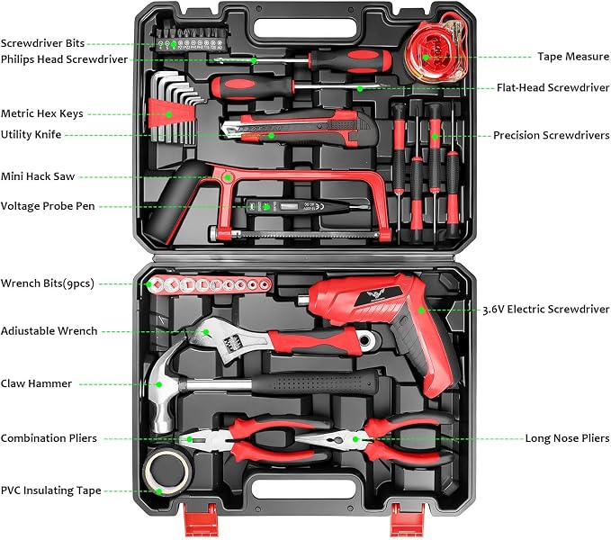 Tool Set with 3.6V USB Electric Screwdriver, Portable Tool Set with Storage Case, Complete Hand Tools for Apartment, Office & Daily DIY Repairs, for Men & Women