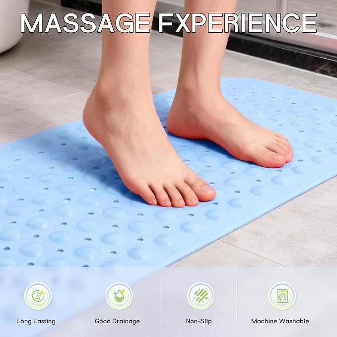 Anti-Slip Bathtub Shower mat, 40×16 inch（ 100 × 40cm） Soft Oversized Machine Washable Non-Slip Bathtub mat with Drainage Holes, Bathroom Floor Suction Cup.（1-Opaque Light Blue）