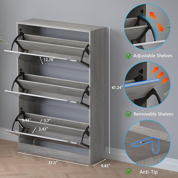 BORNOON Shoe Cabinet with 3-Flip Mirror Drawers, Freestanding Shoe Rack Organizer with Hidden Handle, Slim Narrow Shoe Storage Cabinet for Entryway, Entrance, Hallway, Bedroom