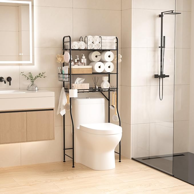 TETOTE Over The Toilet Storage Rack, 3-Tier Bathroom Organizer Shelf Over Toilet with Toilet Paper Roll Holder, Freestanding Metal Rack, Black