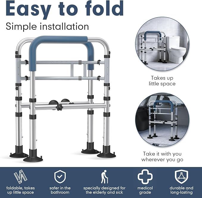 Toilet Safety Rails (400 lb) – More Stable & Safer Adjustable Toilet Frame for Elderly, Seniors, Handicap & Disabled, Foldable Handicap Toilet Handles, Toilet Safety Rail with Non-Slip Feet