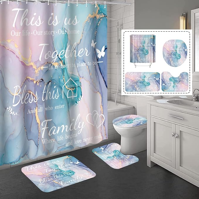 4Pcs Family Marble Shower Curtain Sets with Rugs,Pink Blue Home Inspirational Bathroom Decor Set, Bathroom Sets with Shower Curtain and Rugs, Waterproof Bathroom Shower Curtains, with 12 Hooks