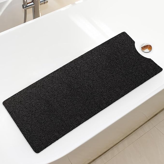 Bathtub Mat Non Slip Shower Mat Soft PVC Loofah Bath Tub Mats with Drain for Bathroom Tub 40 x 16 Inch (Black)