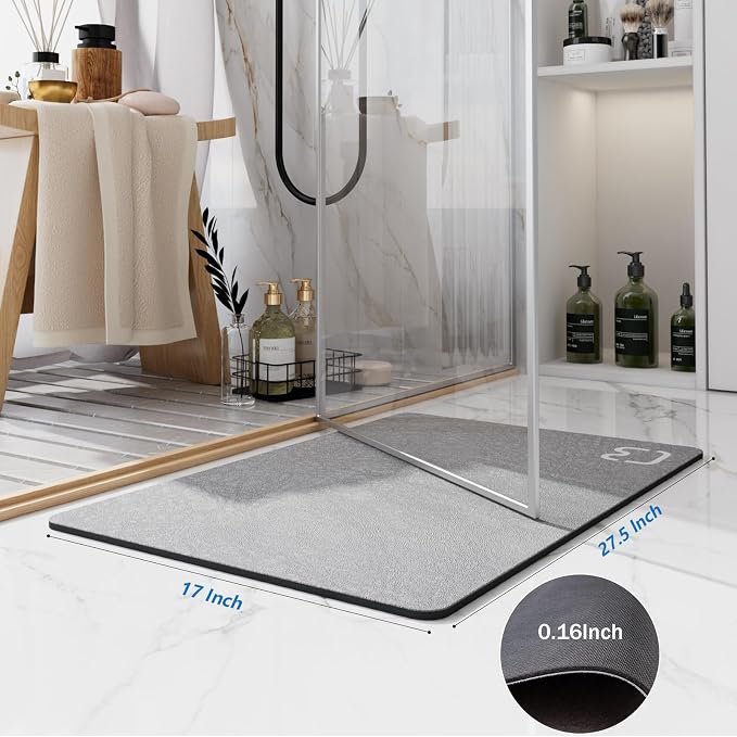 RUERYA Diatomaceous Earth Bath Mat Rug Super Absorbent Diatomite Stone Bath Mat Non Slip Quick Dry Thin Bathroom Mat Fit Under Door, Floor Rugs in Front of Bathtub,Shower Room,Sink,17"x27.5", Grey