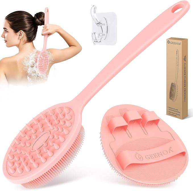 Silicone Back Scrubber & Bath Glove Set 2PCS, 13.4'' Gentle Shower Back Scrubber with Dual-Side Head Non-Slip Handle, 360° Anti-Slip Hand-fit Bath Glove for Rich Foaming Deep Cleaning(Pink)