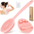 Silicone Back Scrubber & Bath Glove Set 2PCS, 13.4'' Gentle Shower Back Scrubber with Dual-Side Head Non-Slip Handle, 360° Anti-Slip Hand-fit Bath Glove for Rich Foaming Deep Cleaning(Pink)
