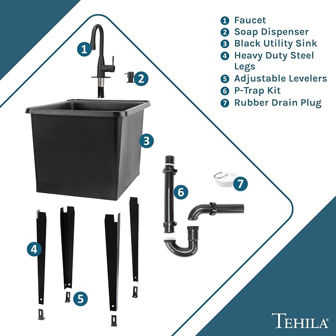 Black Space Saver Utility Sink by JS Jackson Supplies, Freestanding Tehila Space Saving Laundry Tub, Black Pull-Down Faucet, Soap Dispenser