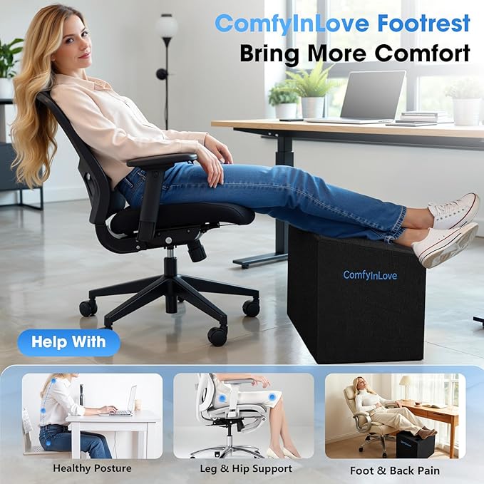 Foot Rest for Under Desk at Work - Non-Slip Foot Stool with 3 Adjustable Heights, Ergonomic Under Desk Footrest with Washable Cover for Leg Elevation, Desk, Home, Office, Car (Black)