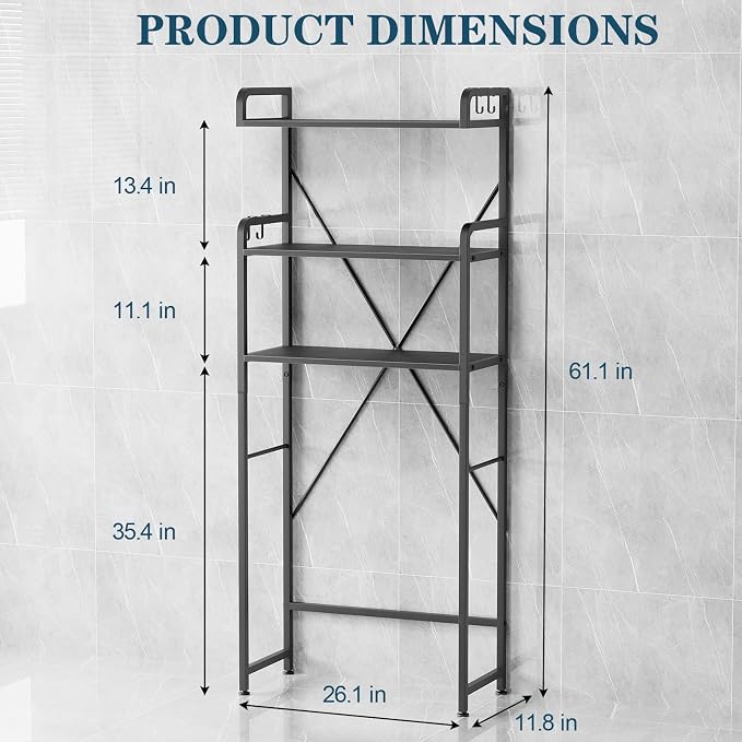 Over The Toilet Storage Cabinet, 3-Tier Bathroom Organizers and Storage with Hooks, Freestanding Shelf Toilet Rack, Small Bathroom Laundry Space Saver with Towel Rack & Toilet Paper Holder(Black)