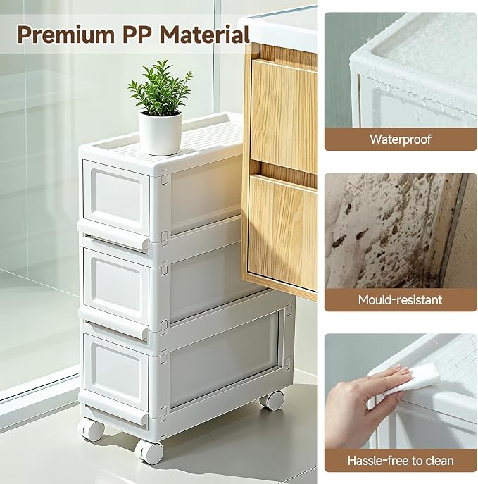Narrow Plastic Storage Drawers: 3 Drawer Storage Organizer with Wheels, Narrow Storage Cabinet, Rolling Storage Cart for Narrow Space, 7.87-inch Wide (All-White)
