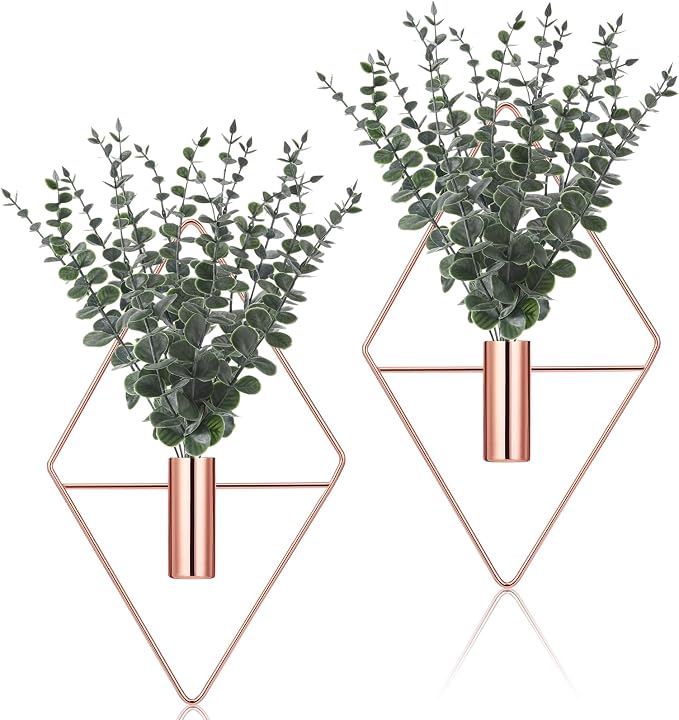 Jexine 4 Pcs Hanging Planters with Artificial Eucalyptus Metal Hanging Vase Indoor Plants Holder Modern Geometric Boho Bathroom Wall Decor for Living Room Home Office (Eucalyptus,Rose Gold)