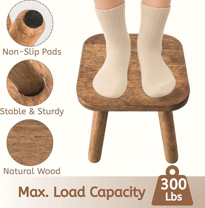 Youeon 9 Inch Small Wooden Step Stool, Non-Slip One Step Stool for Adults, Holds up to 300 Lbs, Portable & Sturdy, Footstool for Bedroom, Bathroom, Kitchen, Easy to Assemble