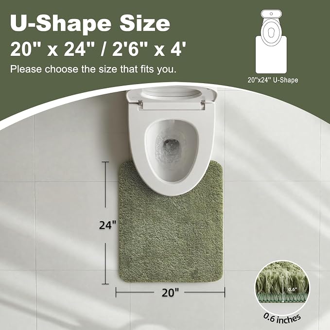 TYUU Toilet Rug, Ultra Soft Toilet Rugs U Shaped Machine Washable Non Slip Absorbent Quick Dry Toilet Mat with Rubber Backing, Sage Green 20" x 24" U Shape