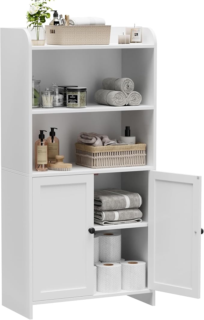 Homhedy Small Bathroom Storage Cabinet, Freestanding Toilet Paper Storage with 2 Doors and Shelves, Bathroom Organizers and Storage for Small Spaces, Laundry Room, 9.8" D x 19.7" W x 39.9" H, White