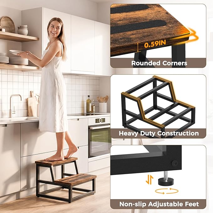 Step Stool, NomNest 2 Step Wooden Ladder Metal Foot Stool Wide Kitchen Stool Helper for Toddler Adults Seniors, Ladder Chair for Home Bedside Bathroom Sink Potty