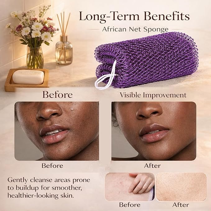 African Net Sponge Authentic, 6 Pieces African Exfoliating Net Sponge Body Back Scrubber Exfoliating Washcloth for Shower Bath for All Types (Black+Olive Green+Pink+Puple+Brown+Champagne Gold, 6 Pcs)