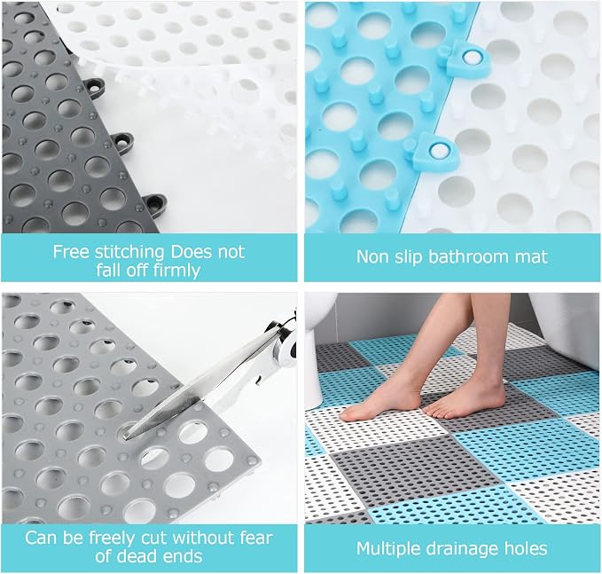 12 Pack 11.8" x 11.8" Interlocking Rubber Floor Tiles Soft PVC Non Slip Splicing Shower Floor Mat Pool Bathtub Drain Tiles for Flooring, Drainage Mats for Pool, Deck, Patio, Basement, Kennel, Poultry