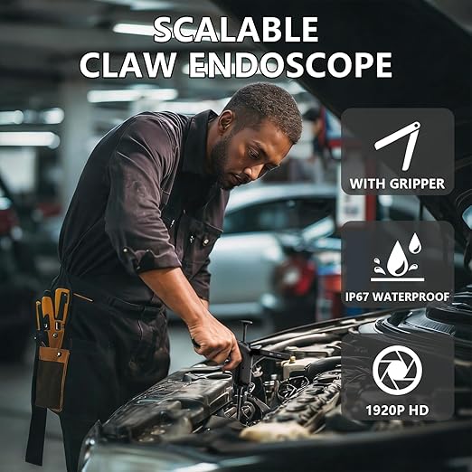 Endoscope Camera with Light and Grabber, Sewer Borescope Inspection Mirror with Magnetic Pickup, Drain Snake Scope for Automotive Repair & Pipe Cleaning, IP67 Waterproof, 6 LED, 23.6-Inch