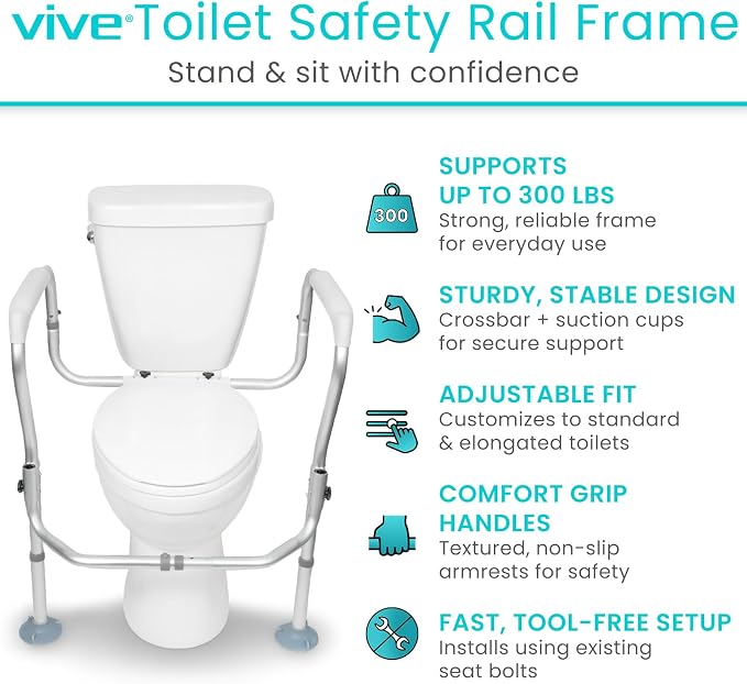 Vive Toilet Safety Rail Frame - Toilet Grab Bars for Elderly, Disabled - Assist Support Rails with Padded Handles - Stand Alone for Bathroom - Adjustable Non Slip for Adults, Seniors, Handicapped