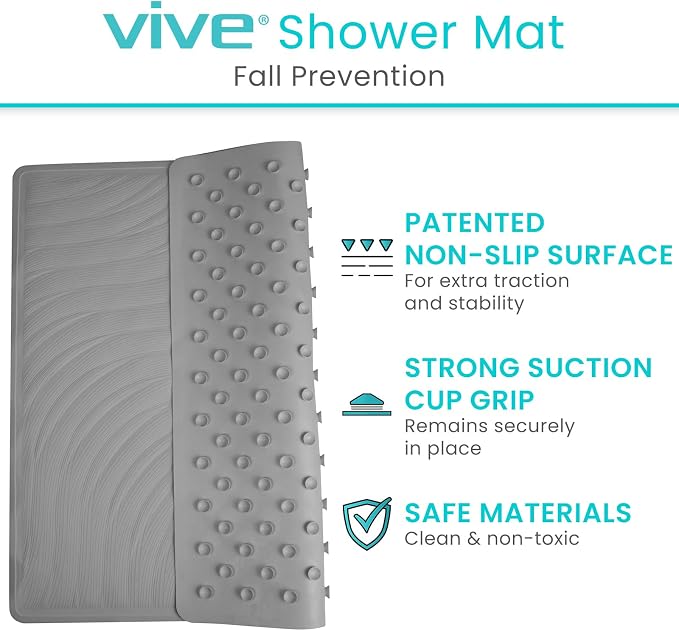Vive Shower Mat - 22" by 22" Square Non Slip Large Bath Mat for Bathtub - Patented Design - Suction Cup Traction Skid Pad for Stalls Floors Tub - Textured Rubber with Drain Hole