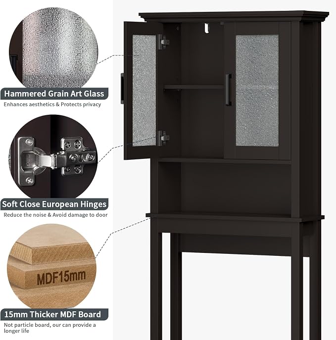 Over The Toilet Storage Cabinet, Over Toilet Bathroom Organizer with Glass Doors and Adjustable Shelf, Thicken Frame Above Toilet Storage Cabinet Behind Toilet Bathroom Organizer, Espresso