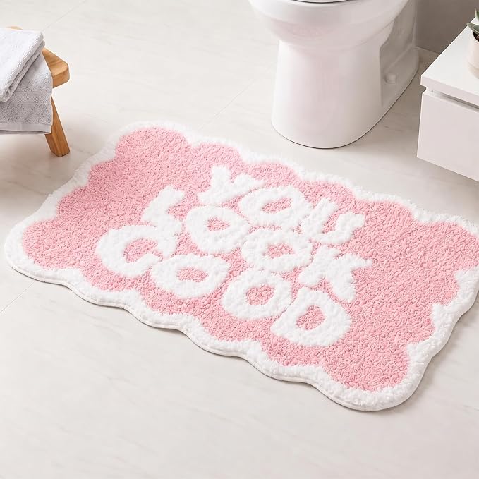 Scalloped Pink Bath Rug, You Look Good Cute Bathroom Rug, Soft Absorbent Quick Dry Bath Mat, TPR Non Slip Backing, Microfiber Mat for Shower Tub Sink Vanity 20" x 31.5"