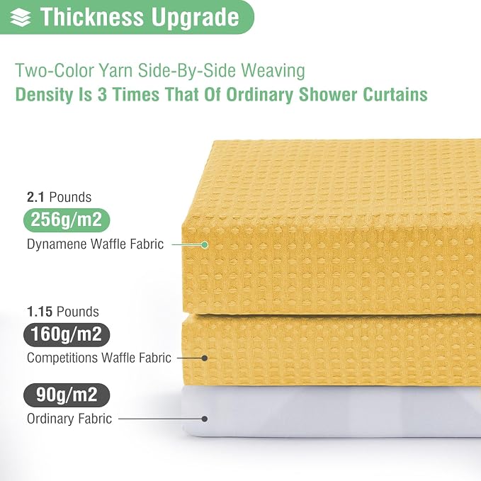 Dynamene Gold Fabric Shower Curtain - Waffle Weave Textured Heavy Duty Cloth Shower Curtains for Bathroom, 256GSM Hotel Luxury Weighted Bath Curtain Set with 12 Hooks,72x72, Gold