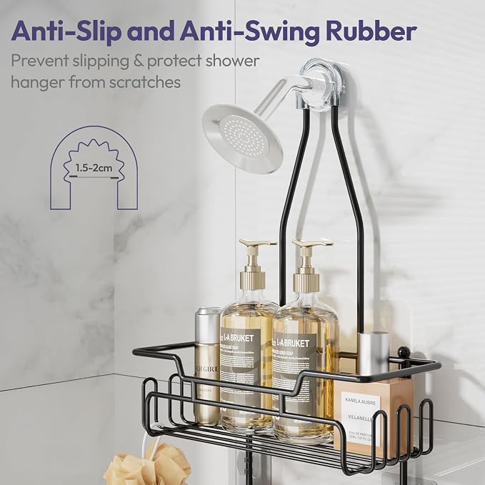 SWTYMIKI Bathroom Shower Caddy Hanging - 3 Tier Rustproof Over Shower Head Organizer, No Drilling Bathroom Shelf with 16 Hooks & Soap Holder, Anti-Swing Rack for Shampoo,Sponge,Towel, Black, Medium