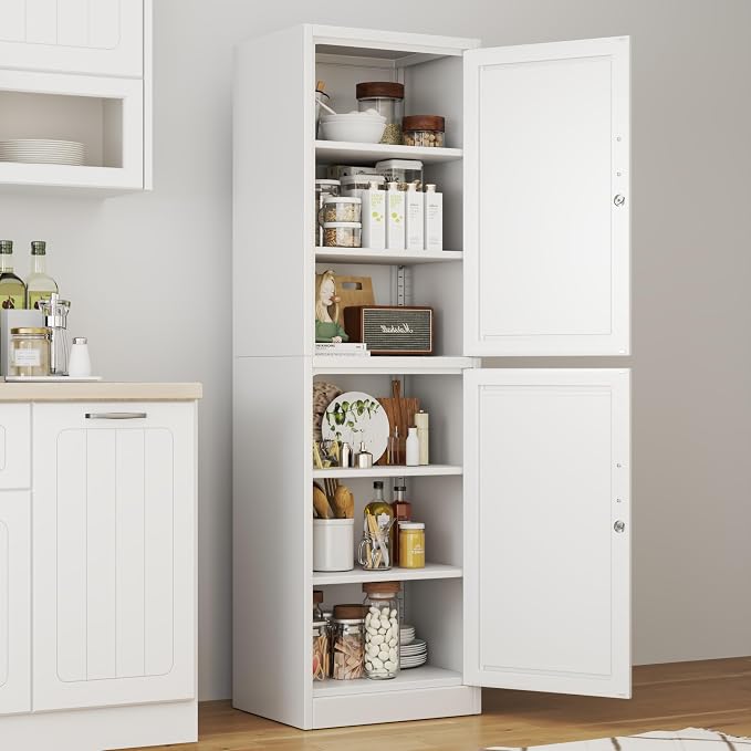 Tall Metal Narrow Bathroom Storage Locker Cabinet 67" H, Tall White Pantry Cabinets with 4 Adjustable Shelves and 2 Lockable Doors for Kitchen, Home Office, Living Room, Dining Room
