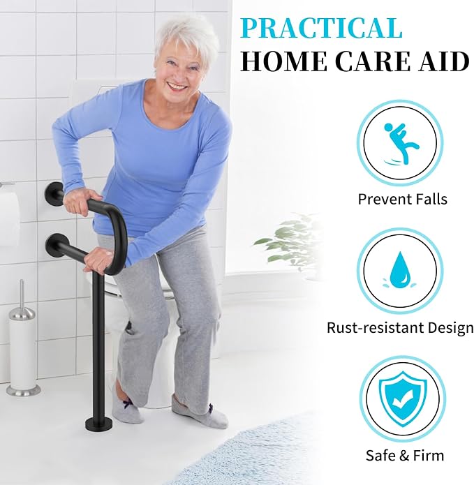 Toilet Support Rail 24X 28 Inch, Munzong Anti-Slip Black Handicap Grab Bar for Bathroom, Stainless Steel Knurled Safety handrails with Leg for Elderly Disabled Pregnant-1.25’Tube