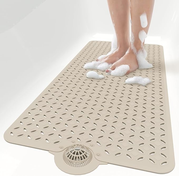 OTHWAY Bath Mat for Tub Non Slip: 39" X 17" Long Bathtub Mat with Hair Catcher│Big Drain Holes Shower Mats for Inside Shower│Machine Washable (Brown)