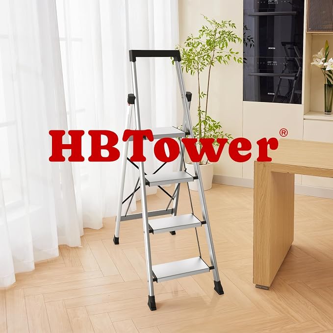 HBtower 4 Step Ladder, Lightweight Aluminum Ladders for Home with Tool Tray, Anti-Slip Folding Step Stool for Adults, Strudy Portable 330LBS Capacity