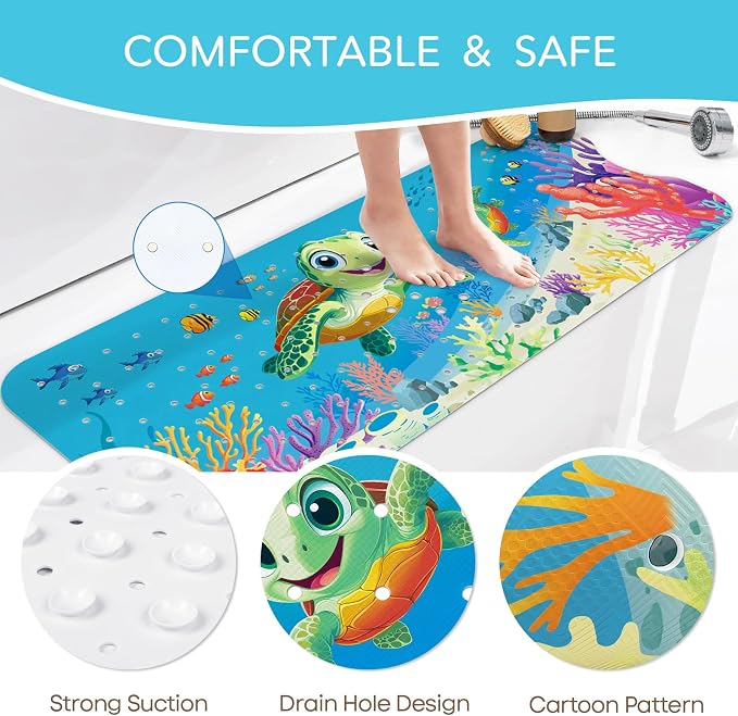 SHUCHING Baby Bath Mat for Tub Non Slip-40 X 16 Inch, Bathtub Mat Non Slip for Kids, Toddler Long Shower Mat for Bathroom, Sea Turtle