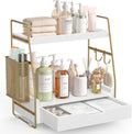 2-Tier Bathroom Counter Organizer with Drawer and Removable Basket, Wood Vanity Countertop Storage for Perfume, Makeup, Skincare, Bathroom Counter Shelf, 13" x 7.9" x 14.5", White Gold