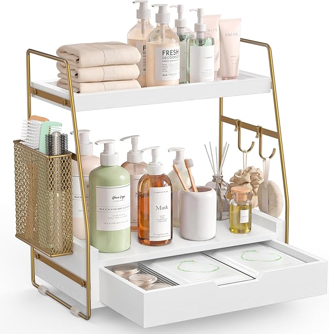 2-Tier Bathroom Counter Organizer with Drawer and Removable Basket, Wood Vanity Countertop Storage for Perfume, Makeup, Skincare, Bathroom Counter Shelf, 13" x 7.9" x 14.5", White Gold