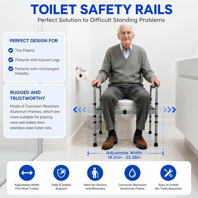 Toilet Safety Rails for Seniors, Foldable Stand Alone Toilet Safety Frame with Adjustable Handles, Freestanding Bathroom Rail for Easy Sitting & Standing, Fits Standard & Elongated Toilets, 350 lbs