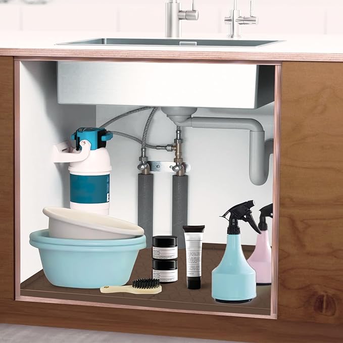 Under Sink Mat for Kitchen Silicone Waterproof Under Sink Liner, Flexible Sink Cabinet Organizer Tray with Drain Hole, Hold up to 3.3 Gallons Liquid, Easy to Clean (Brown, 28X19)