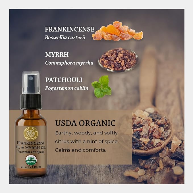 Silk Road Organic Frankincense Oil & Myrrh Essential Oil Spray, 100% Pure USDA Certified Aromatherapy for Body Aches, Stiffness & Tingling, Stress, & Skin - 1 Oz Spray