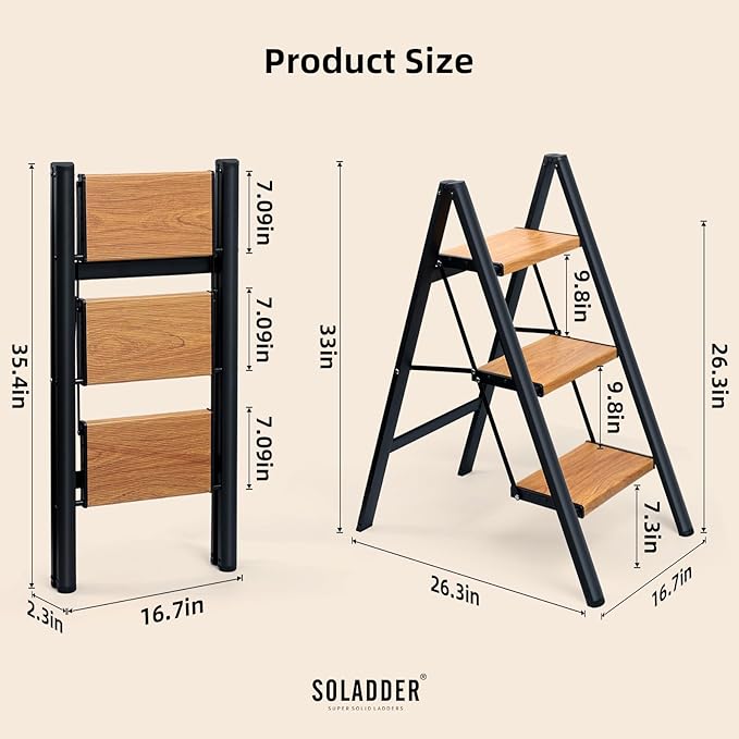 SOLADDER 3 Step Ladder, Anti-Slip and Lightweight Foldable Step Stool for Adults to Use in Kitchen, Closet and Library, 300lbs(Black&Woodgrain)