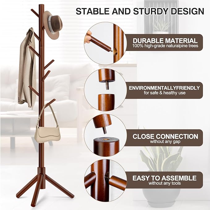 WANGMUXIA Coat Rack, Freestanding Coat Rack with 8 Hooks and 3 Adjustable Size Tree Coat Racks for Bedroom, Hallway, Entrance, Office, for Hats, Coats, Scarves, Handbags