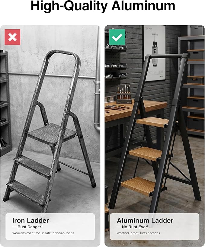 3 Step Ladder,Folding Step Stool with Aluminum Wide Pedal& Convenient Handgrip,330lbs Capacity Steel Ladder for Household and Office(Black &Woodgrain)