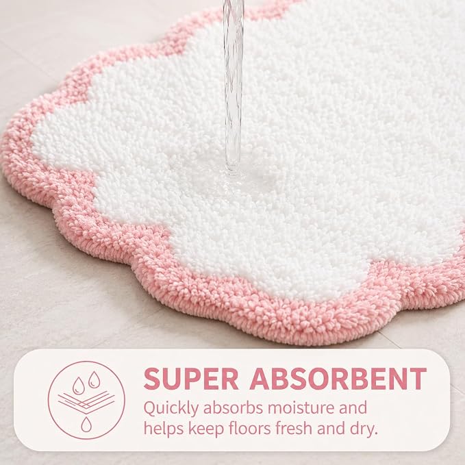 Scalloped Pink Bath Rug, Cute Bathroom Rug, Soft Absorbent Quick Dry Bath Mat, TPR Non Slip Backing, Microfiber Mat for Shower Tub Sink Vanity 20" x 31.5"
