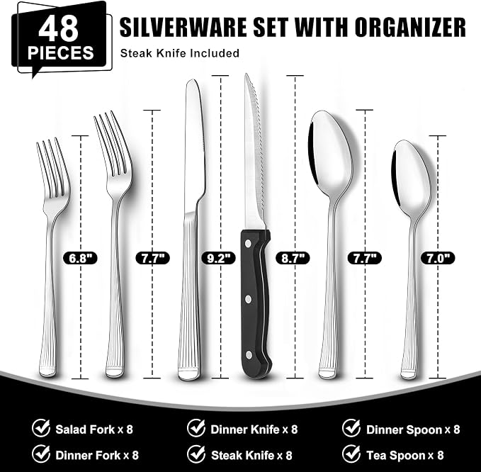 49-Piece Silverware Set with Organizer, Food-Grade Stainless Steel Flatware for 8, Cutlery Utensil Sets with Steak Knives, Rust-proof, Mirror Polished, Dishwasher Safe, Silver Roman Column