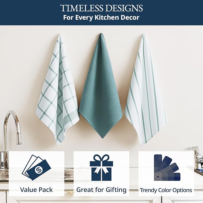 LANE LINEN Cotton Kitchen Towels and Dish Cloths Set, 6-Pack – Absorbent, Quick-Drying Dish Towel, 18" x 28", Soft, Premium Hand and Tea Towels - Aqua