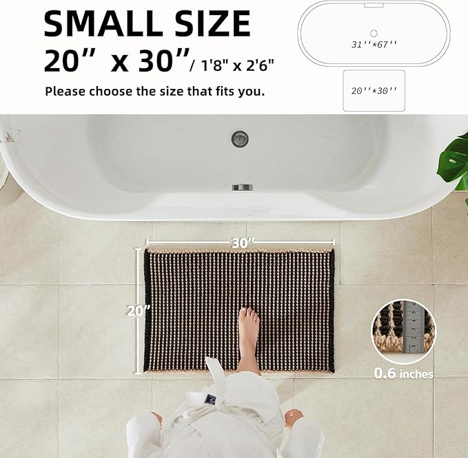 TYUU Waffle Bath Mat, Boho Bathroom Rugs Non Slip Washable Super Absorbent Quick Dry Bath Mat Farmhouse Bathroom Decor, 30"x20" Khaki and Black